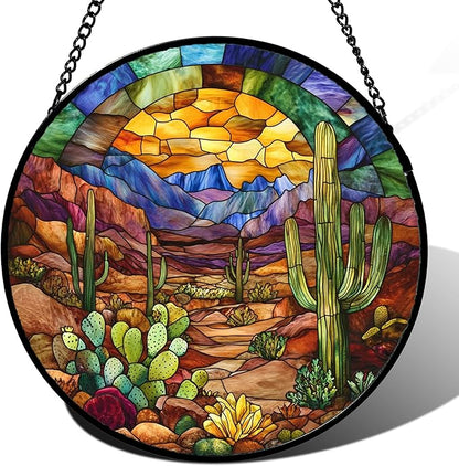 Stained Glass Window Hanging Cactus Mountains Landscape Large 11.8" - Suncatcher Door Garden Sunroom Sun Catcher Home Decor Birthday Christmas for Mom Men Woman Nana