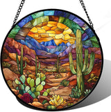 Stained Glass Window Hanging Cactus Mountains Landscape 9.8" - Suncatcher Door Garden Sunroom Sun Catcher Home Decor Birthday Christmas for Mom Men Woman Nana