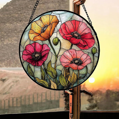 Stained Glass Suncatcher, Red Orange Poppy Flowers Sun Catcher Silver Background Wildflowers Window Hanging Decor Christmas Mother Birthday Gifts for Women Men Mom Nana 6.3 in