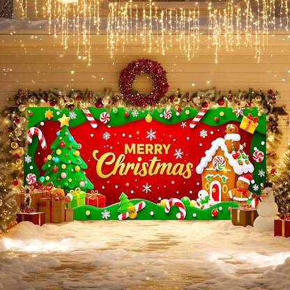 IVN Candy Cane Gingerbread Christmas Scene Garage door banner Door Cover Indoor And Outdoor Studio Background Hanging Decoration 13x6ft