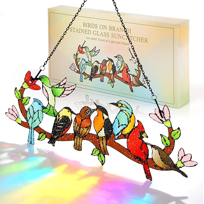 Huray Rayho Stained Glass Sun Catcher Birds On Branch for Indoor Window Hanging, Hand-Painted and Double Side with Gift Packaging, Hummingbird Gifts for Bird Lovers Mom Grandma, Bird Decor Ornament