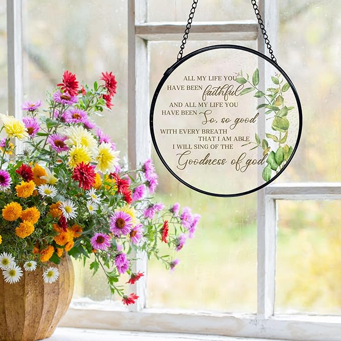 Christian Gifts for Woman, Christian Suncatchers Stained Glass Window Hanging, Goodness of God Bible Verse Sun Catchers Indoor Window Glass Round Wall Decor, Religious Wall Hanging, 7.9x7.9in
