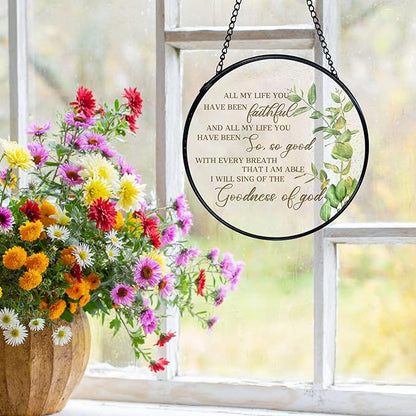Christian Gifts for Woman, Christian Suncatchers Stained Glass Window Hanging, Goodness of God Bible Verse Sun Catchers Indoor Window Glass Round Wall Decor, Religious Wall Hanging, 7.9x7.9in