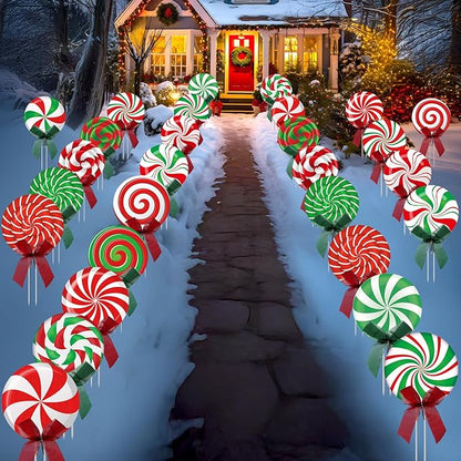 30 Pcs Christmas Outdoor Yard Signs Candy Decorations Outdoor Christmas Decorations Xmas Yard Lollipop Candy Hanging Ornaments Stakes Holiday Garden Sign Cardboard for Party Porch Lawn Walkway Decor