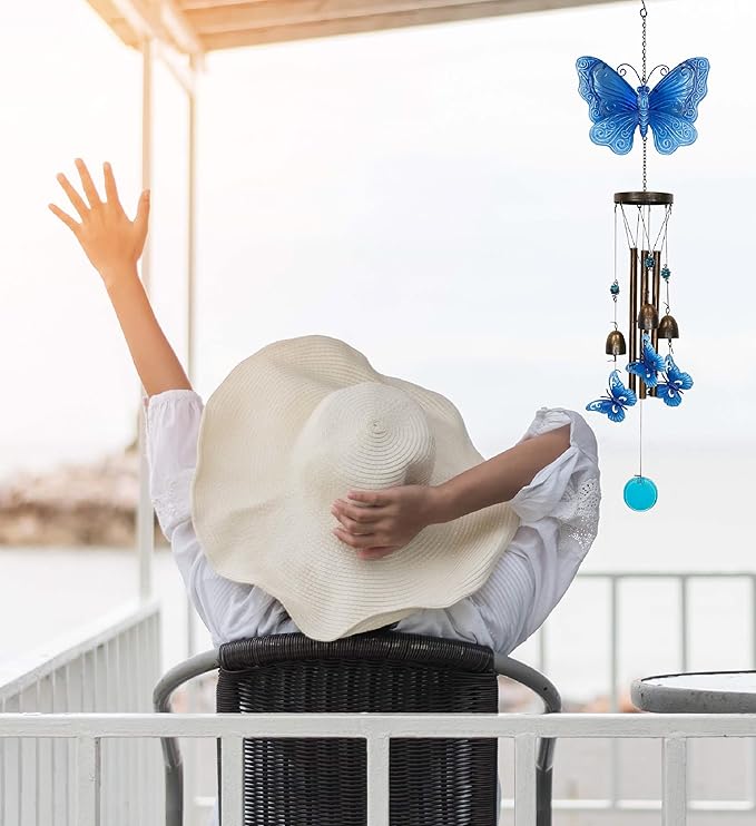 CoTa Global Blue Garden Butterfly Wind Chime - Handmade Glass and Metal Chime - Hanging Decor - Colorful Home Decor Gift, Indoor and Outdoor Hanging Decoration For Porch, Patio, and Garden - 35 Inches