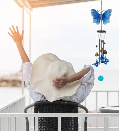 CoTa Global Blue Garden Butterfly Wind Chime - Handmade Glass and Metal Chime - Hanging Decor - Colorful Home Decor Gift, Indoor and Outdoor Hanging Decoration For Porch, Patio, and Garden - 35 Inches