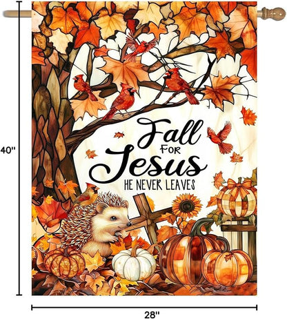 Stained Glass Autumn House Flag Fall for Jesus He Never Leaves Banner Religious Thanksgiving Pumpkin Yard Signs 28x40 Double Sided Outside Halloween Cardinal Garden Decor Outdoor
