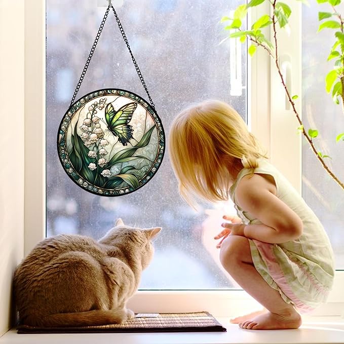 DASTOLL Stained Glass Window Hanging, Lily of the Valley Flower Butterfly Suncatcher for Doors Home Sun Catchers Decoration and Christmas, Mother's Day Birthday Gifts for Women, Men, Mom 7.8 in