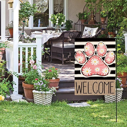 AVOIN colorlife Pink Paw Print Spring Garden Flag 12x18 Inch Double Sided Outside, Daisy Floral Welcome Stripes Yard Outdoor Flag