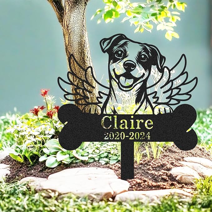 Custom Wings Dog Memorial Stake Bone Grave Marker, Personalized Jack Russell Terrier Memorial Garden Stake Yard Sign for Cemetery Lawn, Metal Sympathy Grave Marker for Dogs Memorial Plaque