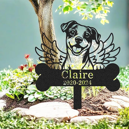 Custom Wings Dog Memorial Stake Bone Grave Marker, Personalized Jack Russell Terrier Memorial Garden Stake Yard Sign for Cemetery Lawn, Metal Sympathy Grave Marker for Dogs Memorial Plaque