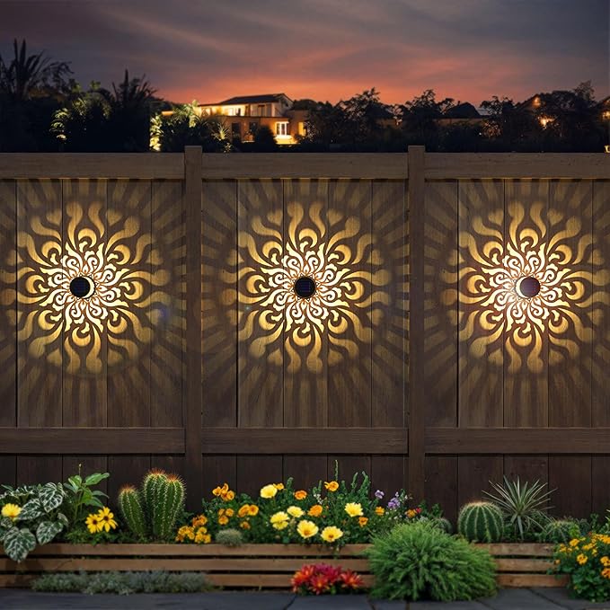Solar Fence Lights 4 Pack Outdoor Deck Step Wall Lights Metal Waterproof LED Warm Yellow Light for Garden Post Patio Backyard Yard Decor (Mandala-4, 4)