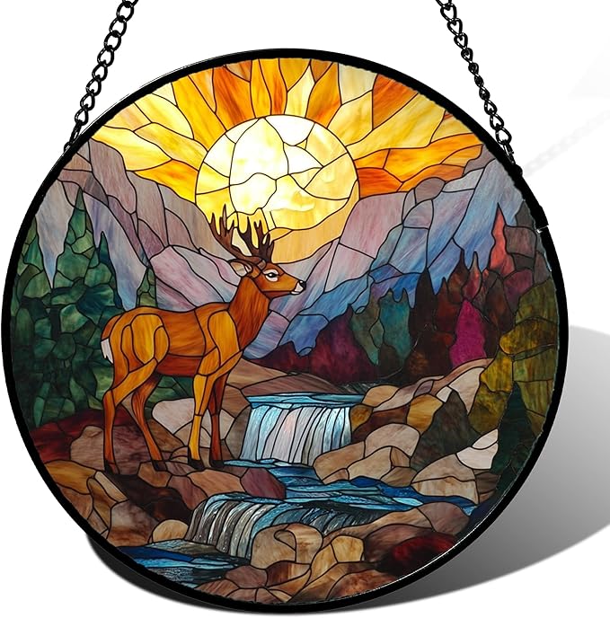 CHATYOUNG Stained Glass Window Hanging Sunset Forest River Elk Deer 6.3" - Mountain Suncatcher Door Garden Sun Catcher Decor Birthday Christmas for Woman Men Nana Friend Mom