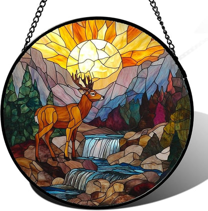 CHATYOUNG Stained Glass Window Hanging Sunset Forest River Elk Deer 6.3" - Mountain Suncatcher Door Garden Sun Catcher Decor Birthday Christmas for Woman Men Nana Friend Mom