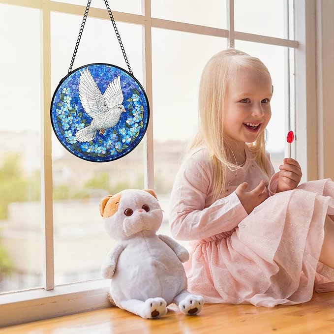 White Dove Bird Suncatchers Stained Glass Window Hanging, Forget Me Not Flower Pigeon Sun Catchers Indoor Window Glass Round Wall Decor, Bird Floral Wall Hanging Decorations, 7.9x7.9in