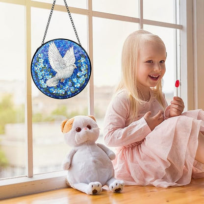 White Dove Bird Suncatchers Stained Glass Window Hanging, Forget Me Not Flower Pigeon Sun Catchers Indoor Window Glass Round Wall Decor, Bird Floral Wall Hanging Decorations, 7.9x7.9in