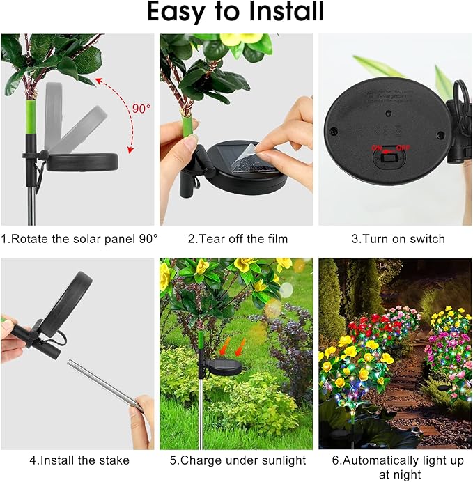 Ouddy Decor 4 Pack Solar Garden Lights, Solar Azalea Flowers with 56 Colorful LED Upgrade Waterproof Pathway Lights for Yard Decor Fence Patio Lawn Decor Mothers Day Gardening Gifts