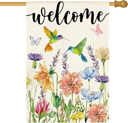 AVOIN colorlife Hummingbird Spring Flowers House Flag 28 x 40 Inch Double Sided, Seasonal Welcome Yard Outdoor Flag