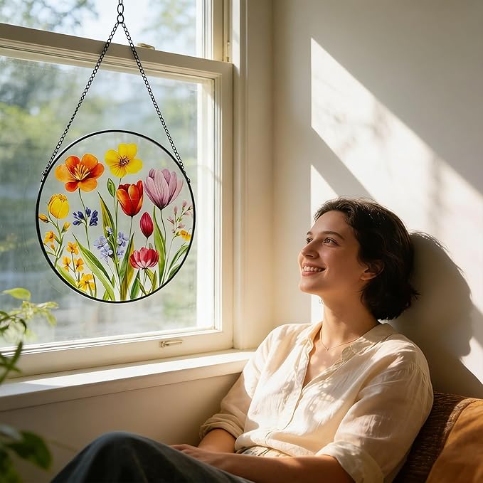 Tulip & Blossom Stained Glass Suncatcher, 9.8 Inch Stained Glass Window Hanging Watercolor Spring Flower Suncatcher for Indoor Outdoor Gifts for Mom, Women, Grandma, Wife