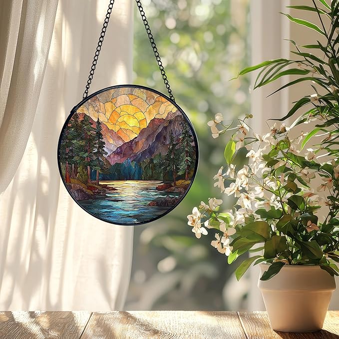 Mountain Sunset Suncatcher Stained Glass Window Hanging, Nature Mountain Landscape Sun Catchers Indoor Window Glass Wall Art Decor, Nature Wall Hanging Decor, 7.9x7.9 Inch 044-MH-BLGH