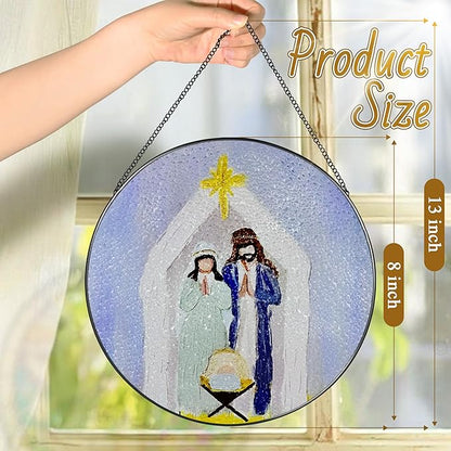 8 Inches Stained Glass Window Hanging, Nativity Scene Ornament, Jesus Birth Christmas Ornament, Holy Family Decor, Christian Holiday Decor, Christian Gift, Religious Gift, Gifts for Christmas