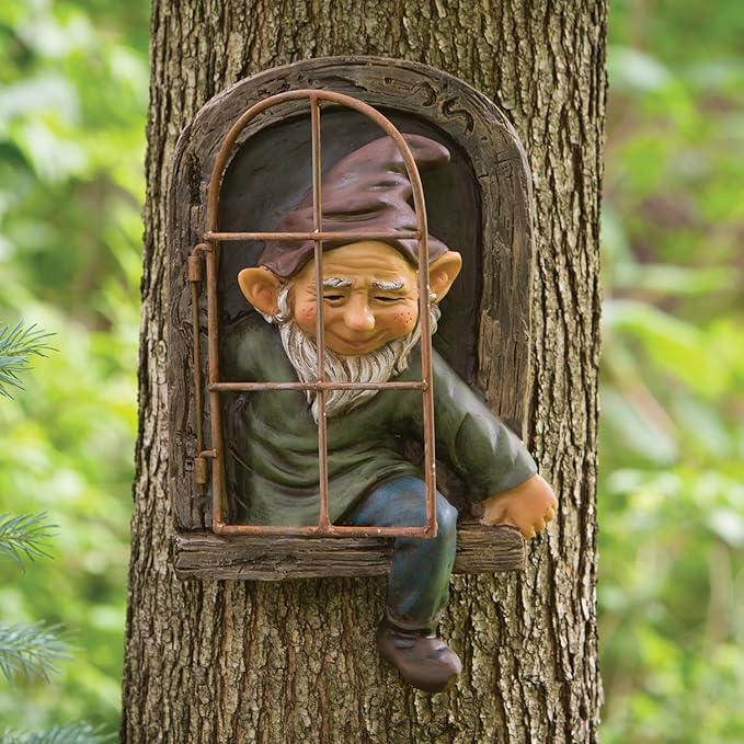 Bits and Pieces Elf Out The Window Yard Decorations Outdoor Tree Faces, 12 Inch Tree Hugger Whimsical Yard Decor, Elf, Fairy, Gnome Garden Decorations, Fun Garden Art