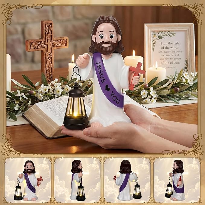 Capoda Solar Jesus Figurine 8 Inch, He is Risen Easter Statue with Glowing Lantern, Jesus Loves You Christian Resin Outdoor Garden Statue Decor, Religious Easter Gifts (Cross,Purple)