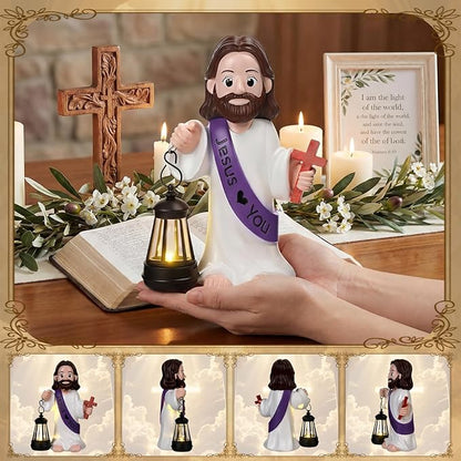 Capoda Solar Jesus Figurine 8 Inch, He is Risen Easter Statue with Glowing Lantern, Jesus Loves You Christian Resin Outdoor Garden Statue Decor, Religious Easter Gifts (Cross,Purple)