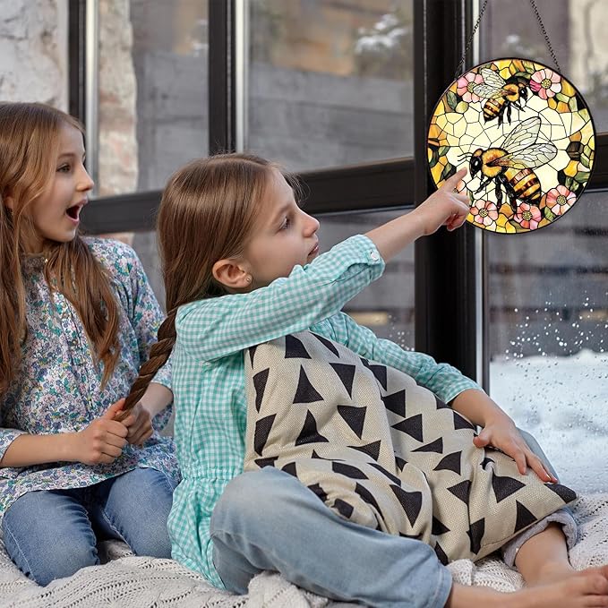 Bee Wildflower Stained Glass Window Hanging Bee Sun Catcher Honeybee Gifts for Women Christmas Suncatchers for Garden Home Windows Hanging Decoration, 7.87inch