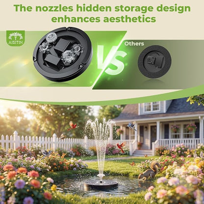 AISITIN 3.7W Solar Bird Bath Fountains, Solar Water Fountain Pump with Upgraded 6.3" Glass Panel, Integrated Bracket & Storage Design for Garden, Pond, Aquarium and Outdoor Use