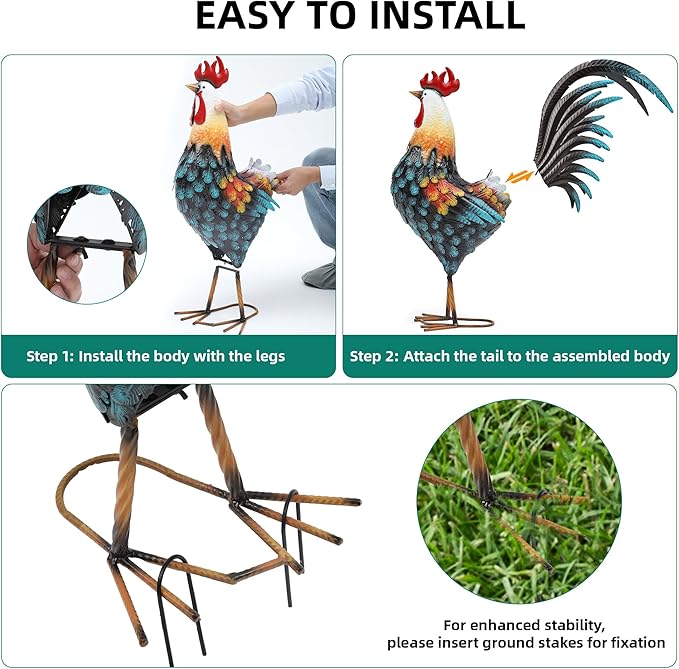 32in Large Metal Rooster Decor, Outdoor Garden Statues, Metal Chicken Sculpture for Backyard Patio Garden Kitchen Décor