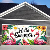 13x6 ft Hello Summer Flamingo Garage Door Banner - Colorful Flamingo Watermelon Pattern with Greeting Backdrop, Hanging Garage Decor - for Summer Welcome Pool Party, Fun Outdoor Wall Sign
