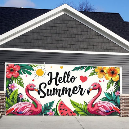 13x6 ft Hello Summer Flamingo Garage Door Banner - Colorful Flamingo Watermelon Pattern with Greeting Backdrop, Hanging Garage Decor - for Summer Welcome Pool Party, Fun Outdoor Wall Sign