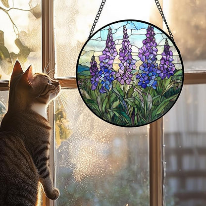 Stained Glass Window Hanging - Purple Delphinium Birth Flower Suncatcher for Door Garden Patio Sun Catchers Decor Christmas Mother's Day Birthday Gifts for Women Mom Nana Friend 15 in