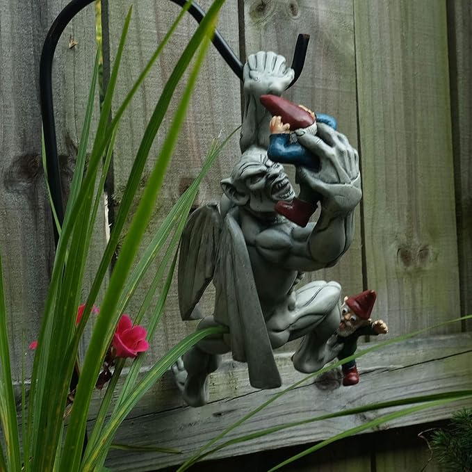 Great Gargoyle Gnome Massacre Fence Hanger - Polyresin Outdoor Wall Décor - Detailed Hanging Statue – Gnome with Gothic Climbing Grotesque Gargoyle for Patio, Porch, Fence, Garden