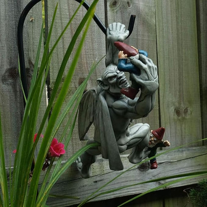 Great Gargoyle Gnome Massacre Fence Hanger - Polyresin Outdoor Wall Décor - Detailed Hanging Statue – Gnome with Gothic Climbing Grotesque Gargoyle for Patio, Porch, Fence, Garden