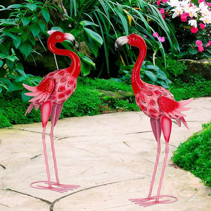 XONOR Metal Garden Flamingo Statues and Sculptures, Set of 2 Pink Outdoor Metal Flamingos Bird Art for Home Yard Patio Lawn Backyard Porch Decorations