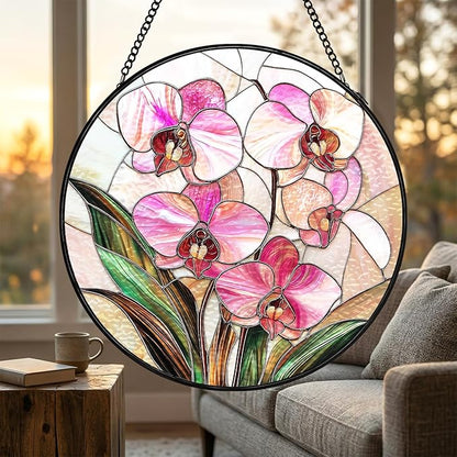 Stained Glass Sun Catcher Window Hanging - Pink Phalaenopsis Orchid Floral Design, Indoor Decor Gifts for Mother's Day, Birthday, Christmas - Perfect for Women, Mom Home Window Decor (Pink) 7.8in