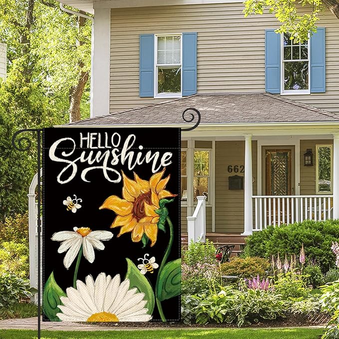 AVOIN colorlife Daisy Sunflower Hello Sunshine Garden Flag 12x18 Inch Double Sided, Summer Seasonal Holiday Burlap Yard Outdoor Decoration Black