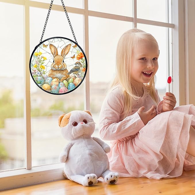 Easter Egg Bunny Bird Suncatchers Stained Glass Window Hanging, Easter Bunny Decor Sun Catchers Indoor Window Glass Round Wall Decor, Rabbit Wall Hanging Decorations, 7.9x7.9in