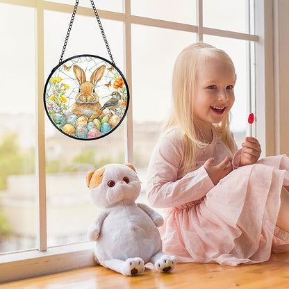 Easter Egg Bunny Bird Suncatchers Stained Glass Window Hanging, Easter Bunny Decor Sun Catchers Indoor Window Glass Round Wall Decor, Rabbit Wall Hanging Decorations, 7.9x7.9in