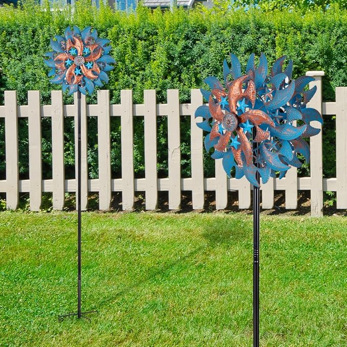 Wind Spinner Outdoor,Blue Copper Kinetic Metal Wind Spinner for Yard,Rustproof＆Waterproof Wind Sculpture,Metal Pinwheels for Yard Lawn Yard Art Outdoor Decor 13 * 66.2 inches