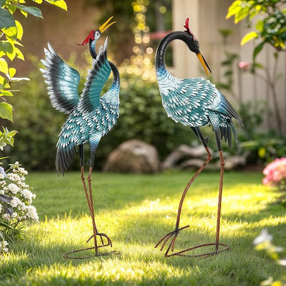36.8" Metal Crane Garden Statue, Handcrafted Extra-Large Blue Heron Decor Sculptures with Stable U-Ground Stakes, Backyard Decoration, Metal Garden Bird Animal Yard Art, Lawn Ornament Decor