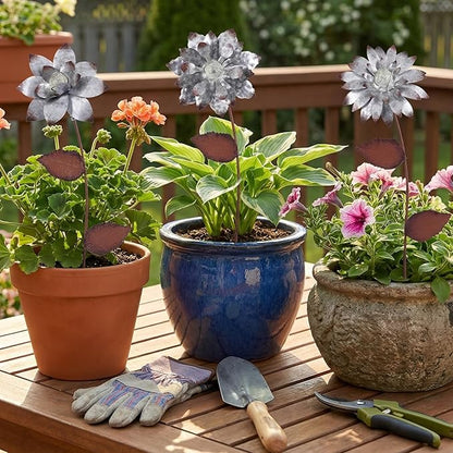 Garden Stakes Decorative, Metal Flowers for Outside, Glow in Dark Yard Lawn Ornaments Plant Pot Flower Bed Decor, Patio, Set of 3, Silver