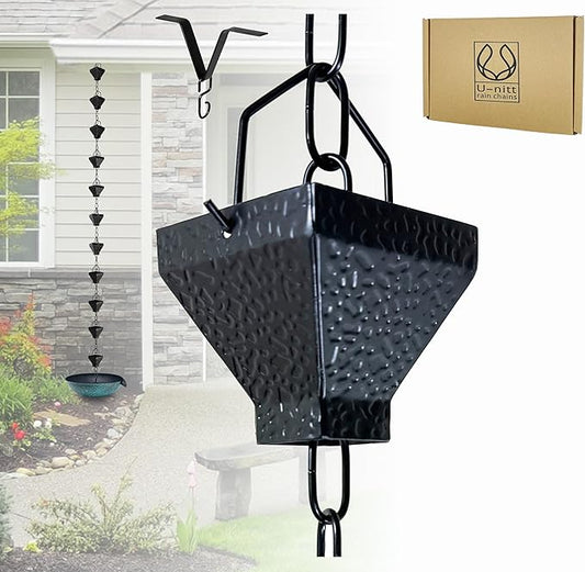 U-nitt Rain Chain Water Collection for Gutters Rainwater Catcher & Diverter, 8.5 FT Chains for Outside Garden, Black Square Cups, Roof Downspout, Works with Heavy Rain, w/Gutter Clip for Rainchains