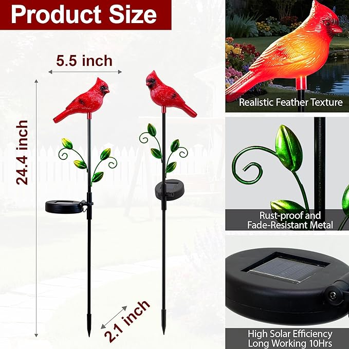 2 Pack Cardinal Garden Decor Red Bird Figurine Solar Lights Garden Stakes Decorative, Cardinal Outdoor Decor for Yard Patio Porch Lawn Ornaments Christmas Memorial Gifts Cemetery Decorations