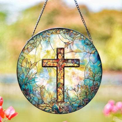 Stained Glass Cross Sun Catcher - 8'' Handcrafted Suncatcher for Window Home Decor, Symbolizing Faith, Hope, and Light, Perfect for Spiritual Spaces, Weddings, and Religious Celebrations (C)