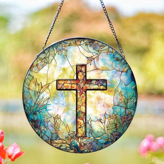 Stained Glass Cross Sun Catcher - 8'' Handcrafted Suncatcher for Window Home Decor, Symbolizing Faith, Hope, and Light, Perfect for Spiritual Spaces, Weddings, and Religious Celebrations (C)