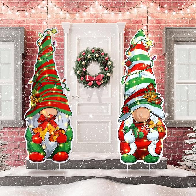 2 Pcs 32 Inch Christmas Decorations Outdoor Lighted Gnomes Decorative Garden Stakes Winter Large Christmas Yard Signs Outside Garden Yard Lawn Porch Holiday Party