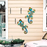 HONGLAND 2Pcs Metal Gecko Wall Decor Lizard Garden Art Color Hanging Glass Sculpture for Indoor Outdoor Patio Fence (Symphony)